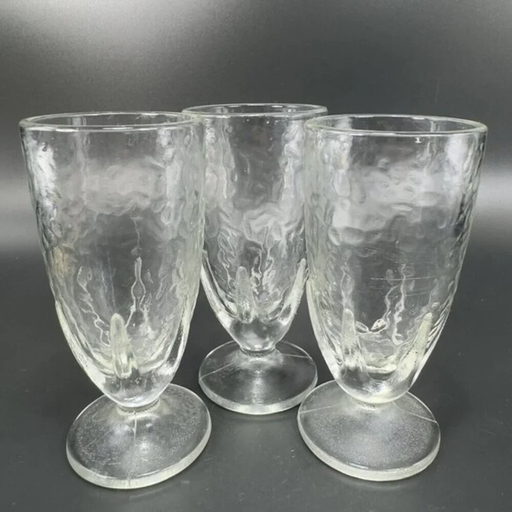 Vintage Clear‎ Crinkle Glass Parfait Footed Glasses Cups Set 3 BarWare Tumblers